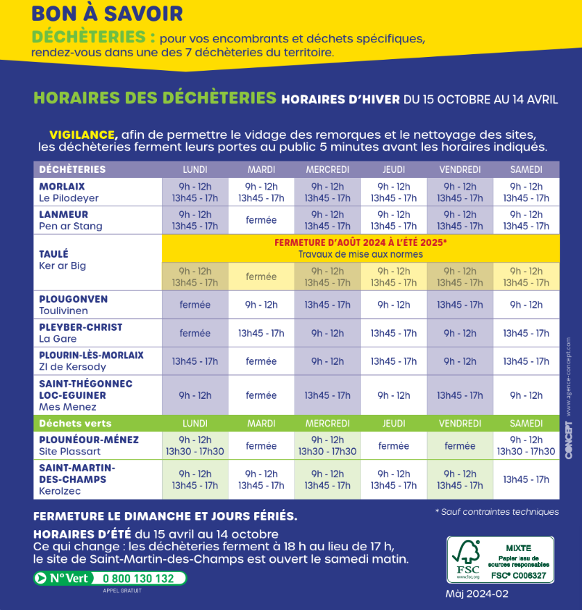 Horaires décheteries